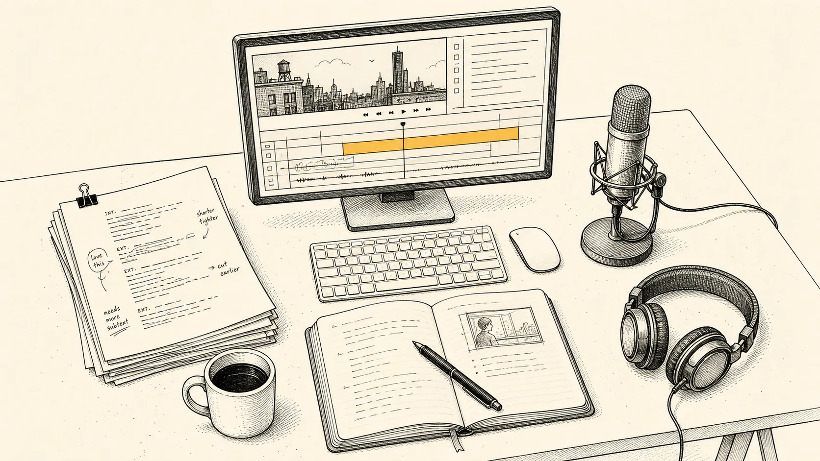 Illustration: an editorial overhead view of a small studio workbench — a monitor with a video editing timeline, a stack of scripts, a microphone, headphones, an open notebook, and a coffee cup.