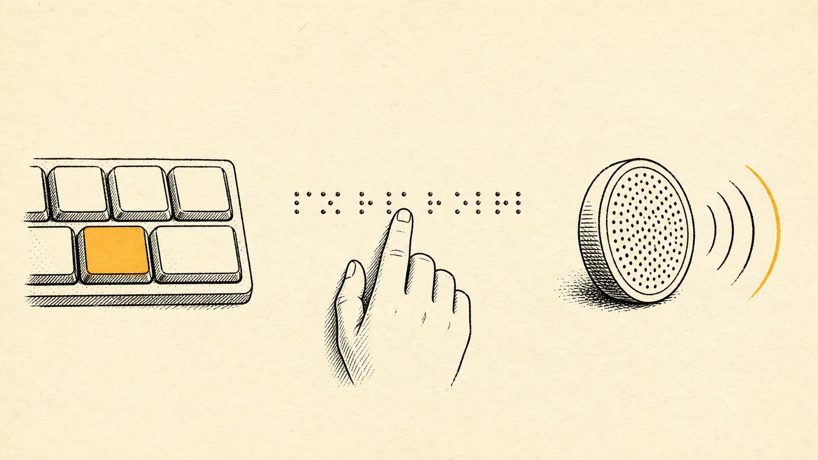 Illustration: a flat editorial line drawing of three input modes side by side — a hand on a keyboard with a focus ring around one key, a fingertip on a braille line, and a cursor labeled with a screen-reader caret.