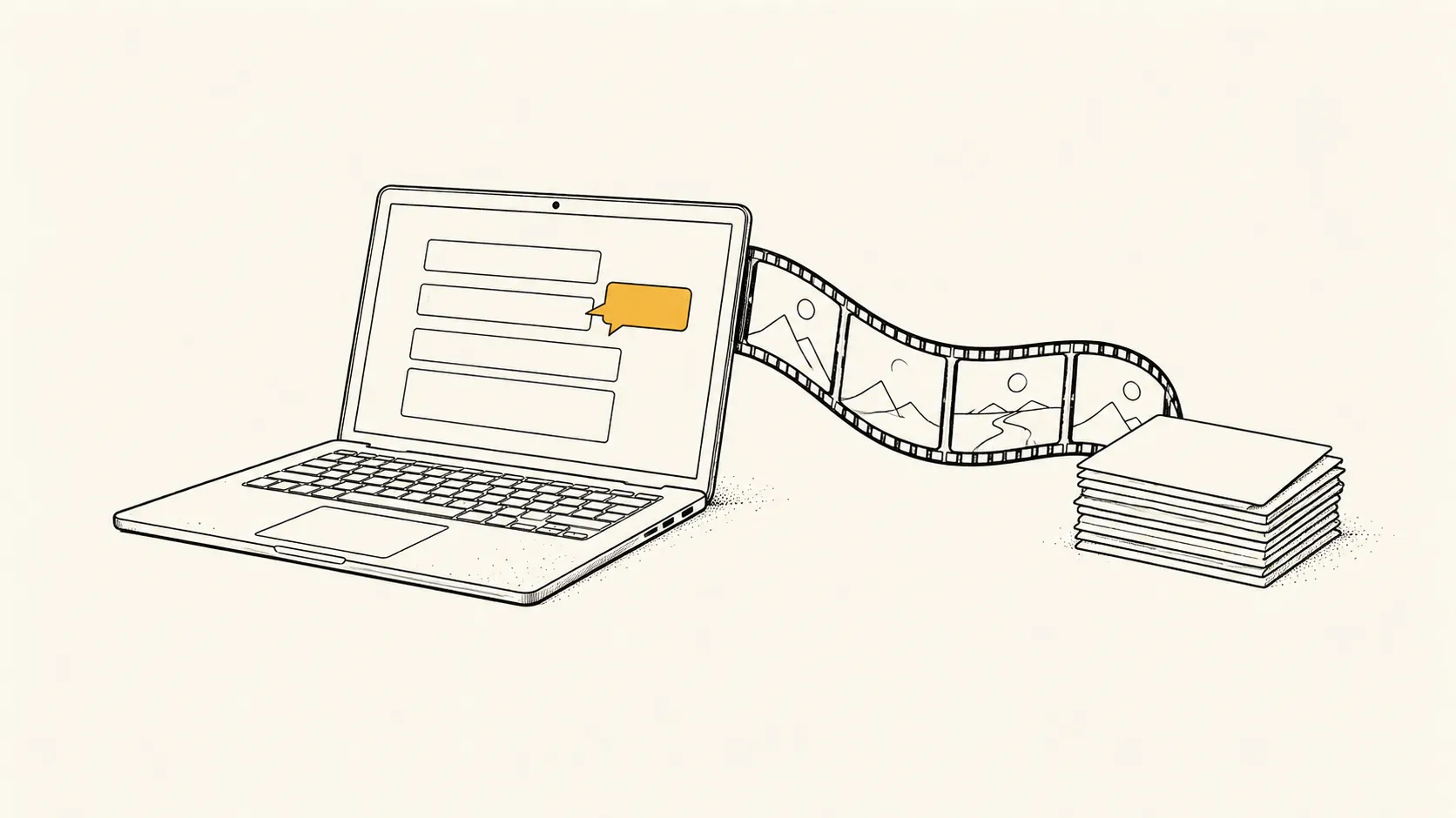 Laptop form with an ochre tooltip on one field, and a film strip unspooling beside it toward a stack of cards