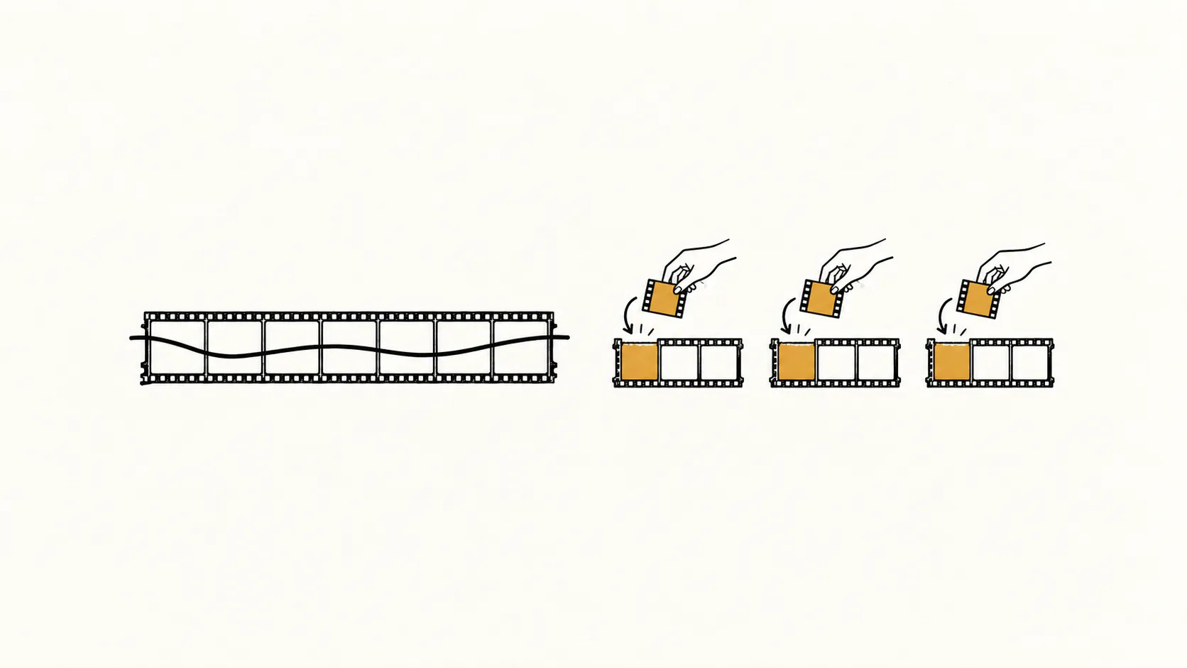 One long film strip crossed out beside a row of short strips where only the small opening frames are swapped