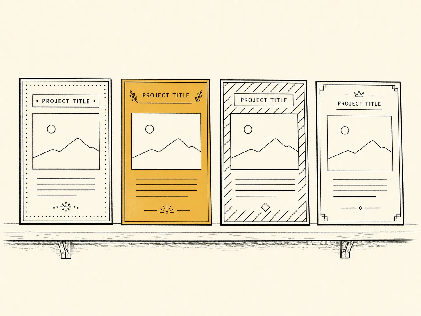 Illustration: a row of identical poster-frame templates on a shelf, each carrying a different visual identity, the center frame in ochre.