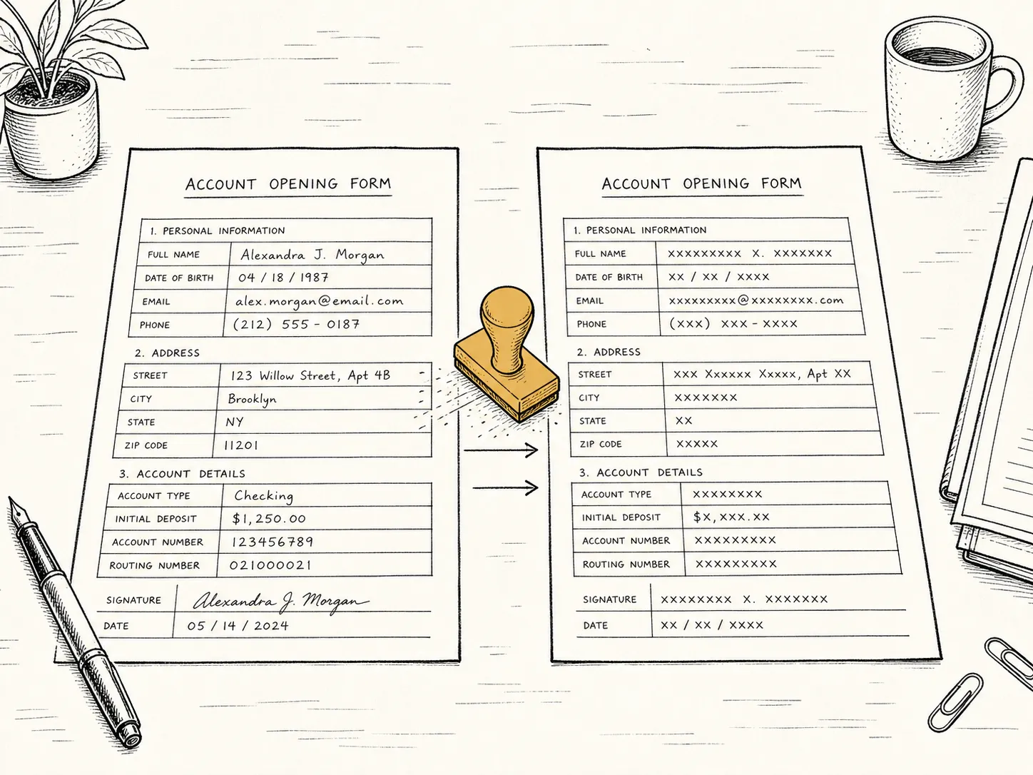 Illustration: two identical account-form documents side by side — the left filled with real-looking values, an ochre stamp in the middle, the right showing the same layout with anonymized placeholder marks.