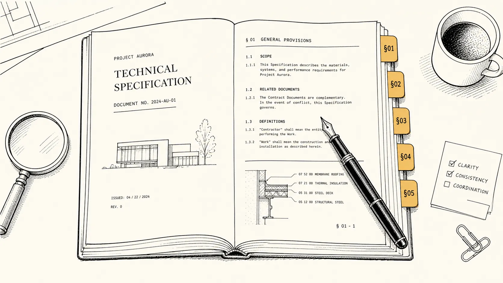 Illustration: an opened printed specification document on a desk, with numbered ochre tabs along the right edge, a fountain pen, and a magnifying glass.