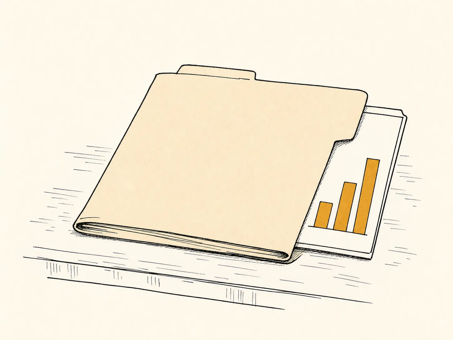 Illustration: a folded manila file on a desk with a document peeking out, showing a small ochre bar chart.