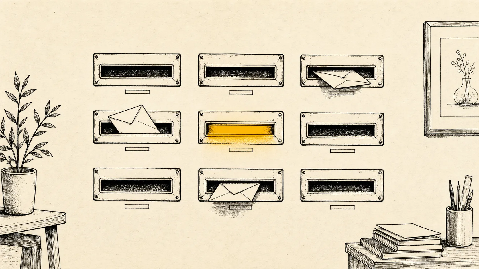 Illustration: a row of editorial-style mailbox slots with envelopes mid-arrival, one slot lit by an ochre rectangle of light.