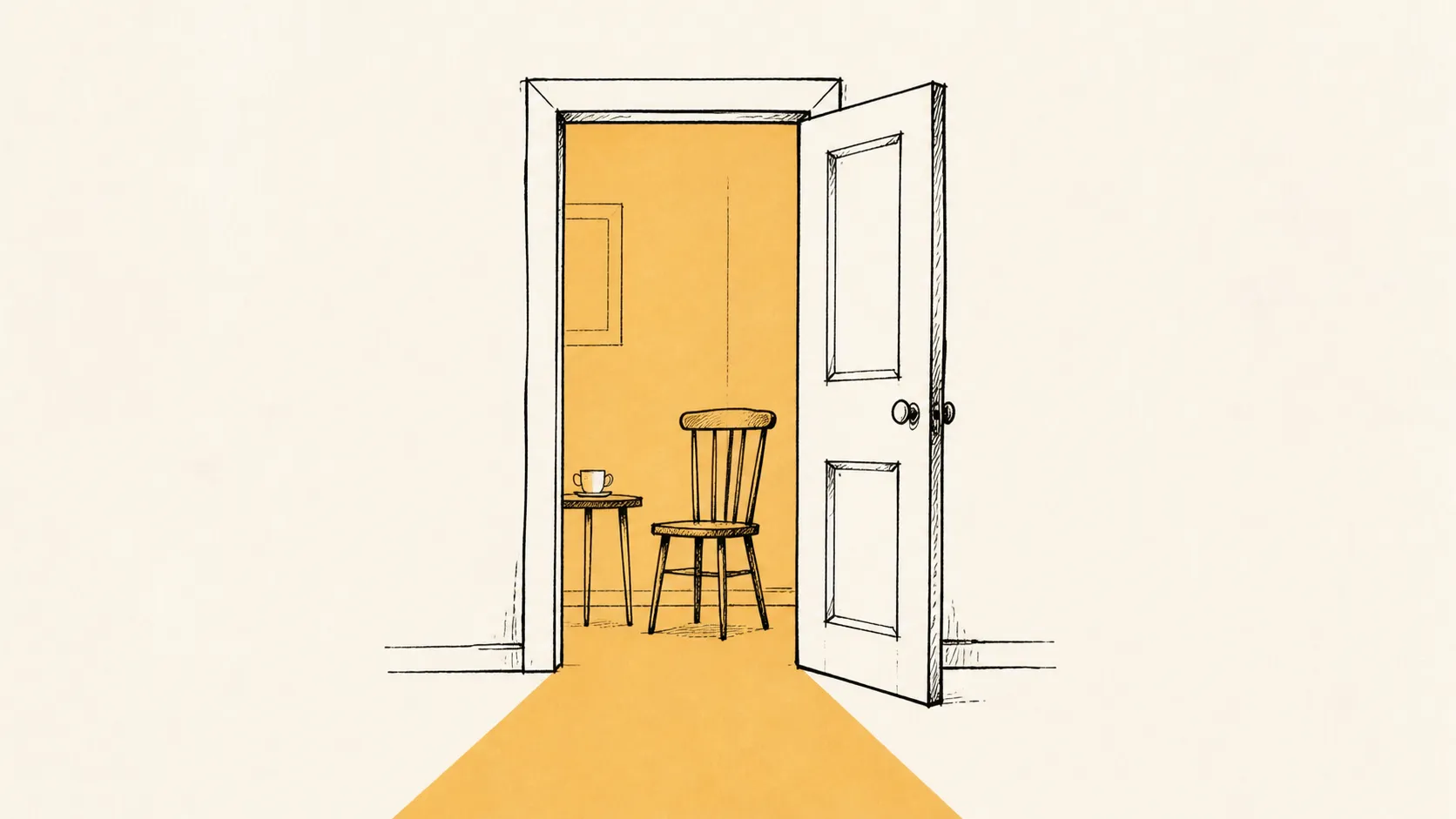 Illustration: a single open door with warm ochre light spilling onto the floor, a chair and small table just inside.