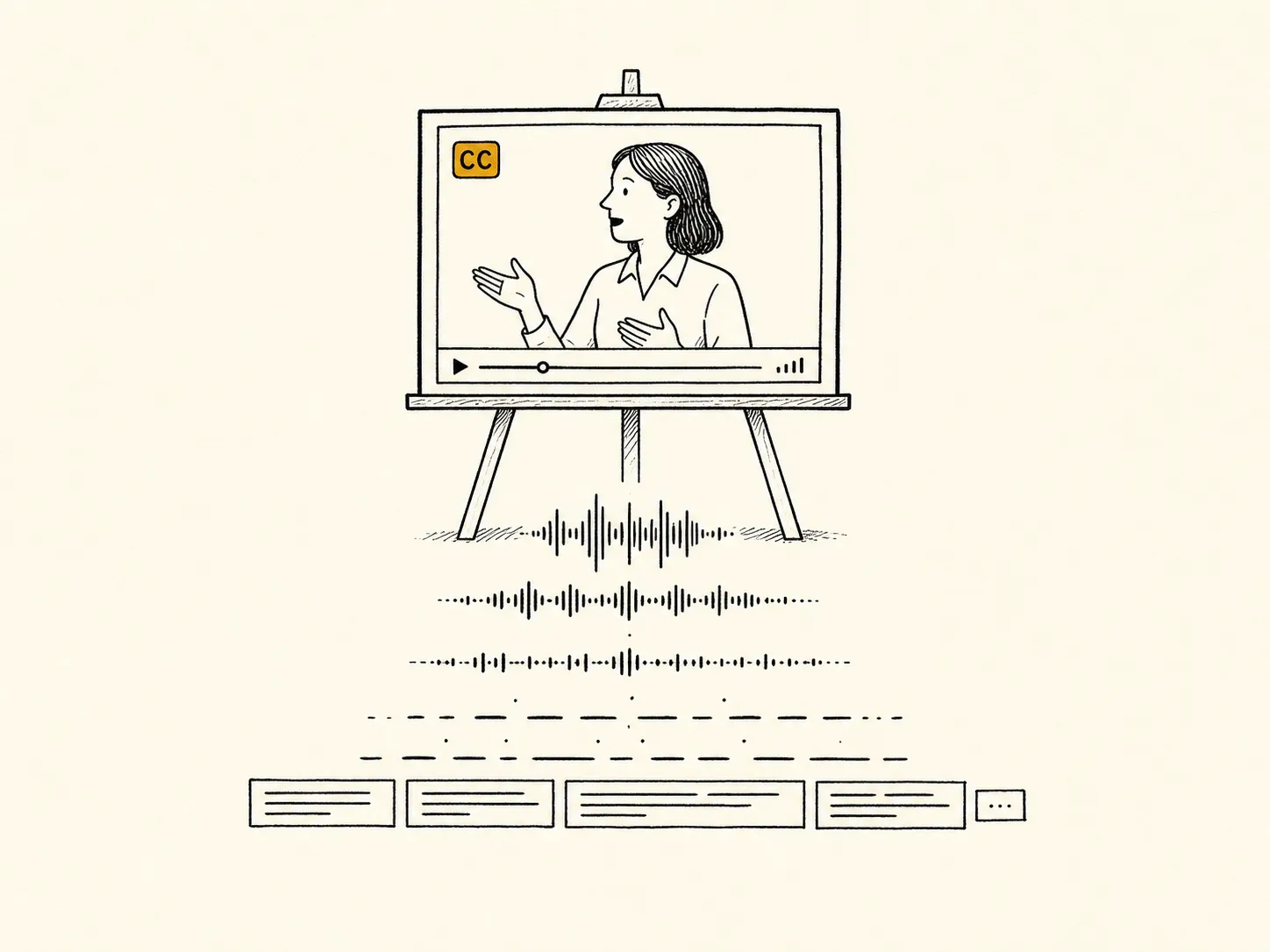 Illustration: a video on a stand with an ochre CC badge, sound waves emanating from it and morphing into caption text bars below.