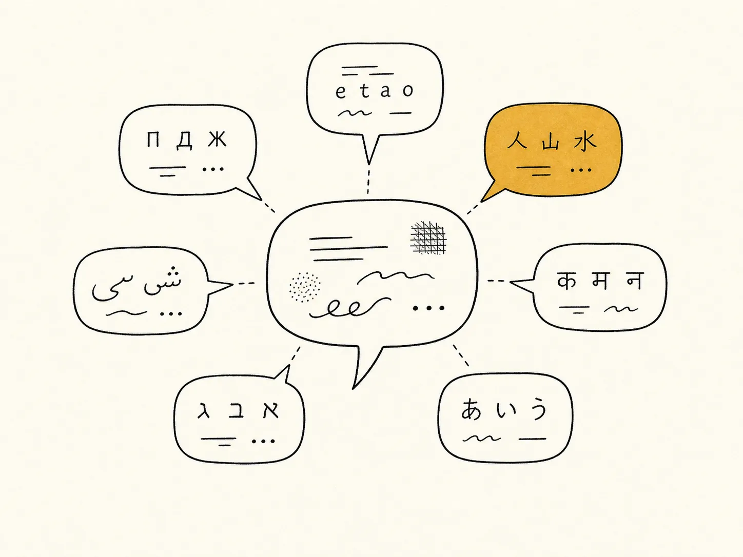 Illustration: a central speech bubble with seven smaller bubbles radiating outward, each containing marks suggesting a different writing system, one in ochre.