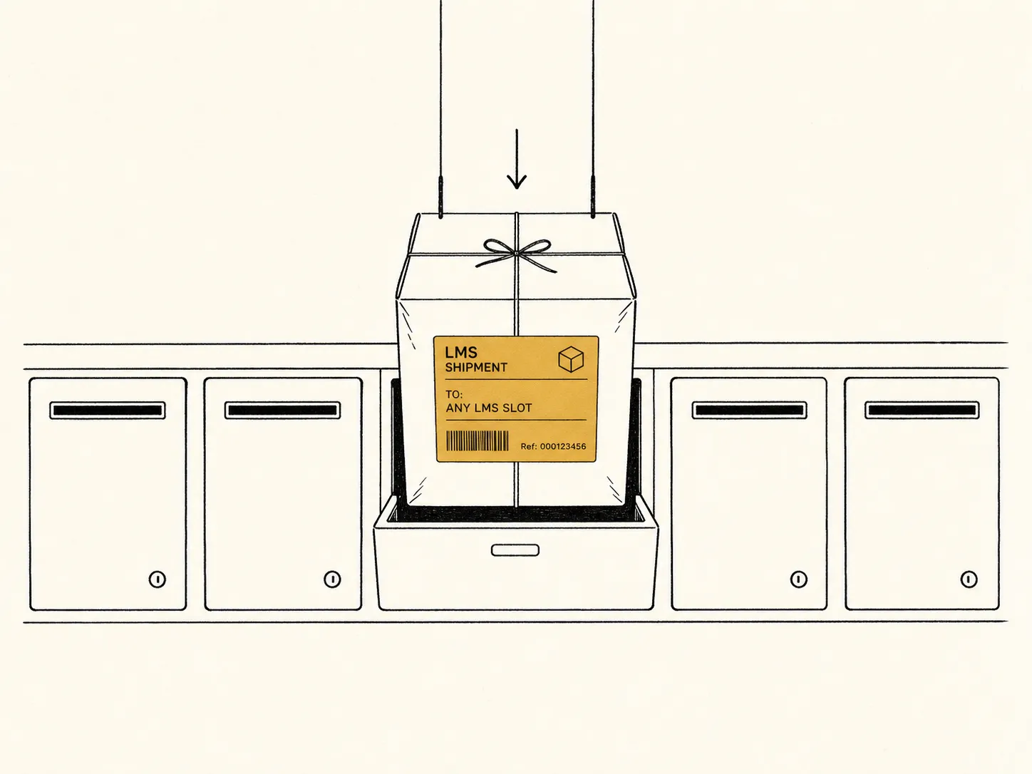 Illustration: a labeled package being lowered into one of a row of identical mailbox-like LMS slots.