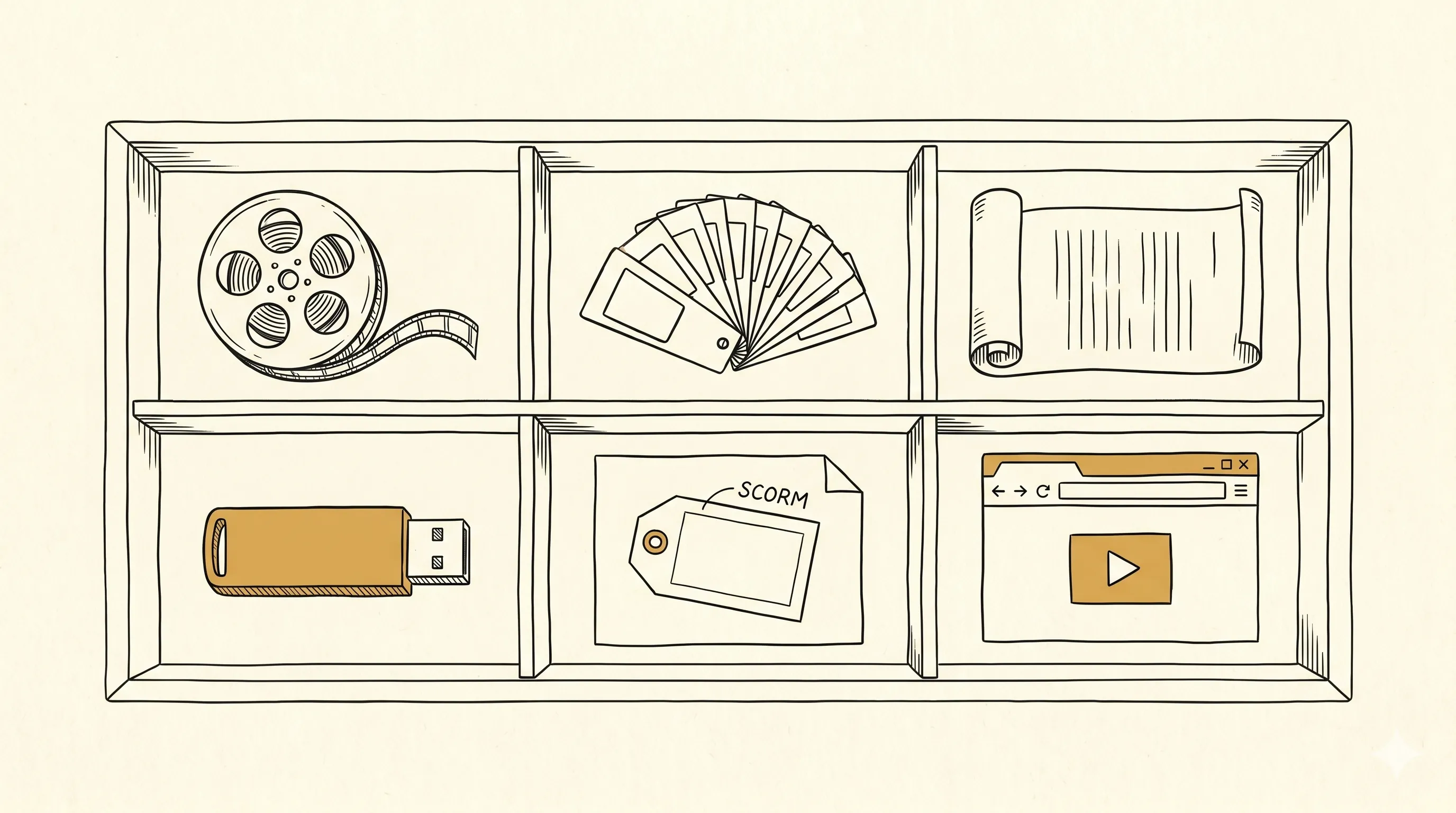 Illustration: a tray with six compartments holding a film reel, a fan of slides, a rolled scroll, a USB stick, a SCORM tag, and an embeddable browser window.