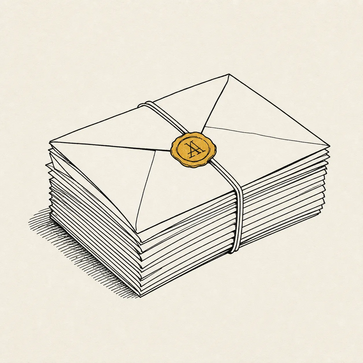 Illustration: a stack of unopened envelopes held together by a rubber band, the top envelope sealed with a small ochre wax seal.