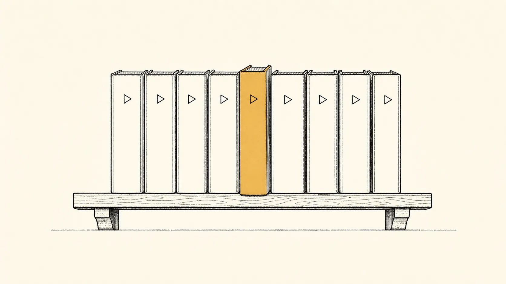 Editorial illustration: a neat shelf of bound video volumes — each spine marked with a play icon — representing a finished software training library