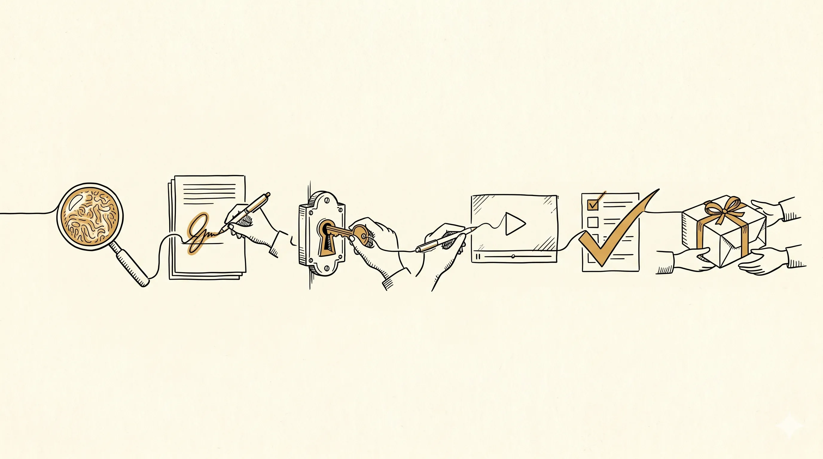 Illustration: a single unbroken horizontal line connecting six small phase markers — magnifier, signed papers, key, pen, checklist, wrapped package.