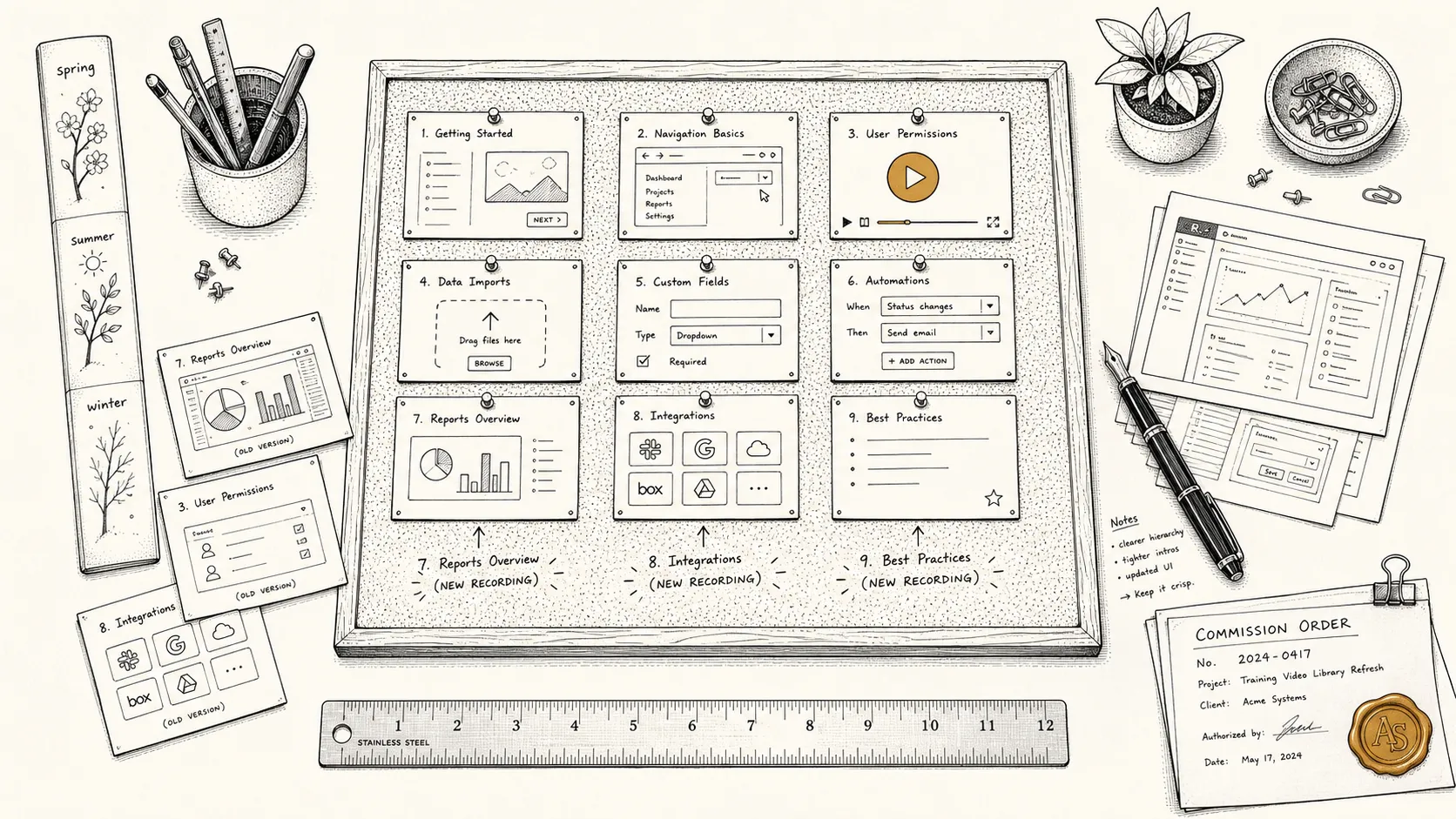 Illustration: an overhead view of a craftsperson's workbench laid out for a training-video library refresh — a corkboard pinned with a 3×3 grid of small video module cards at the centre, three cards lifted out for re-recording, a slim almanac strip labelled 'spring', 'summer', 'winter' along one edge, an ochre play-button glyph on one card, and a Commission Order slip with an ochre wax seal in the corner.
