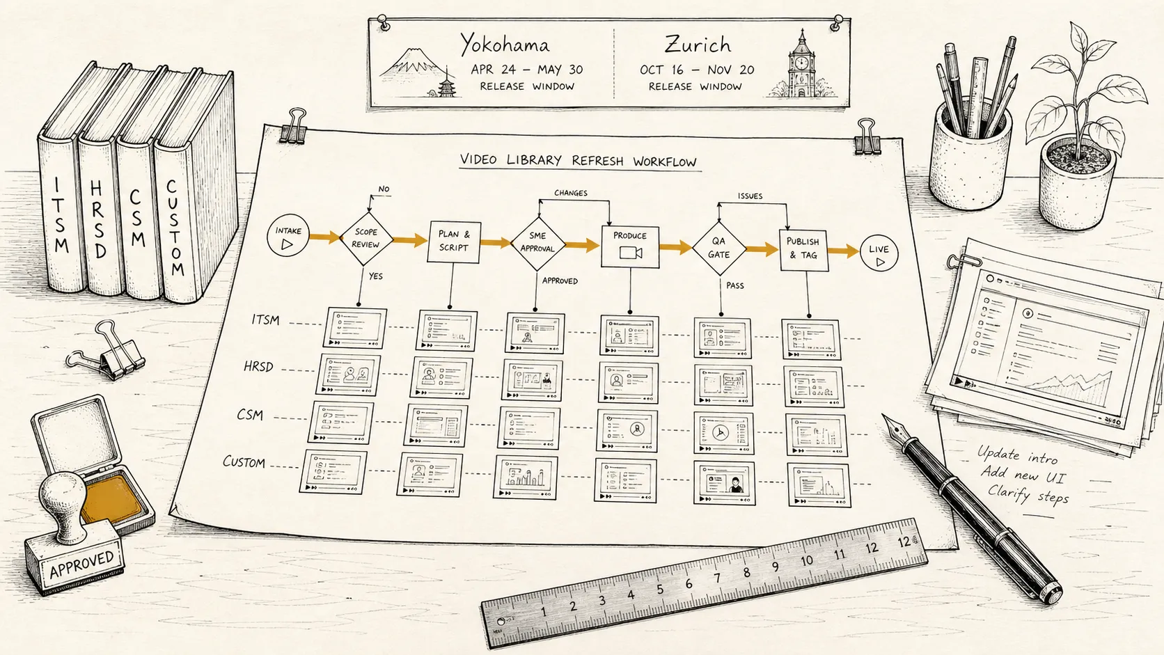 Illustration: an overhead view of a craftsperson's workbench laid out for a training-video library refresh — a large hand-drawn workflow diagram unfurled across the bench with branching paths and an ochre routing arrow, four small bound booklets along one edge with spines reading 'ITSM', 'HRSD', 'CSM', and 'CUSTOM', a wall-pinned almanac at the top showing two release windows labelled 'Yokohama' and 'Zurich', and an ochre-inked 'APPROVED' stamp resting on a stamp pad.