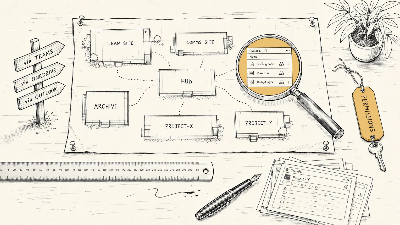 Illustration: an overhead view of a craftsperson's workbench laid out for a SharePoint training-video library — a large unfurled estate plan at the centre showing labelled blocks for site types (TEAM SITE, COMMS SITE, HUB, ARCHIVE) with a magnifying glass over one block revealing a list-view UI inside; a small wayfinding signpost beside the plan with arrows labelled 'via TEAMS', 'via ONEDRIVE', 'via OUTLOOK' all pointing inward; an ochre permissions key tag pinned in the corner; a steel measuring rule, a fountain pen, and a small stack of reference screenshots.