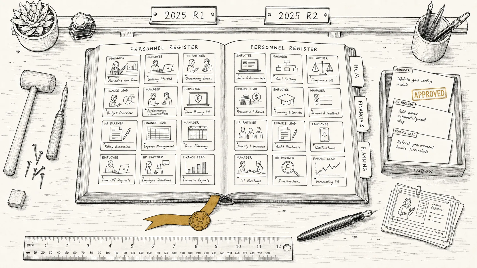 Illustration: an overhead view of a craftsperson's workbench laid out for a Workday training-video library — a large bound 'Personnel Register' opened flat across the centre, pages showing a grid of small video module cards each tagged with a role (MANAGER, EMPLOYEE, HR PARTNER, FINANCE LEAD); tabbed dividers labelled 'HCM', 'FINANCIALS', 'PLANNING' protruding from the book's edge; a small wooden inbox tray beside the book with three task slips fanned out; a slim release shelf above showing two labels '2025 R1' and '2025 R2'; an ochre wax-sealed bookmark ribbon hanging from the spine and an ochre 'APPROVED' stamp on one of the inbox slips.