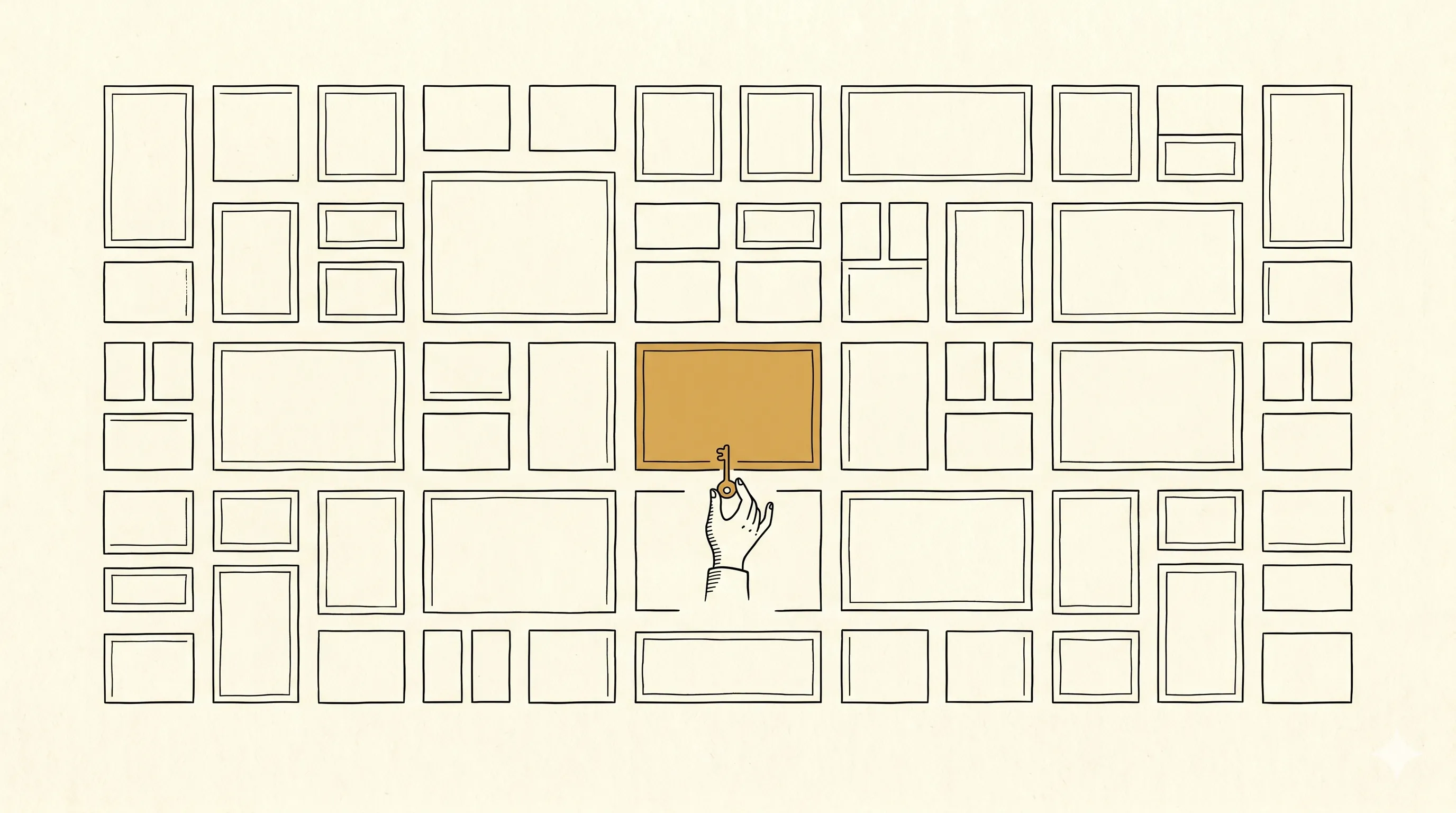Illustration: a wall of varied rectangular panels with one panel highlighted in ochre, a hand reaching up with a key.