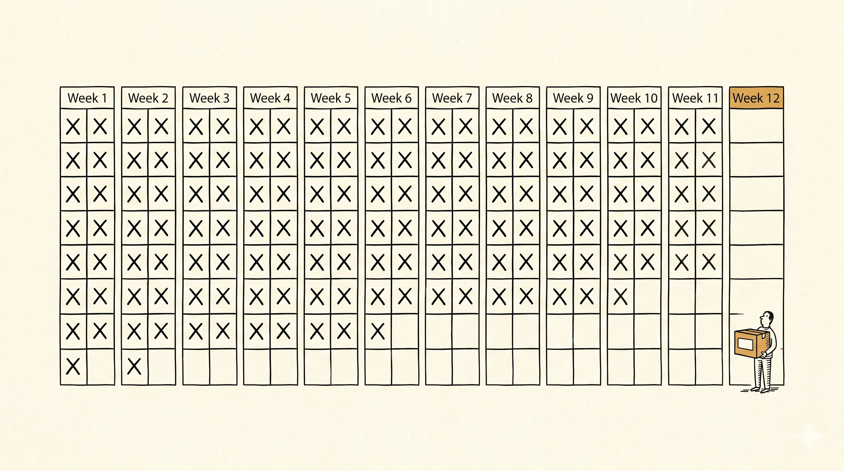 Illustration: a wide twelve-column wall calendar with weekly Xs across it; a small figure arrives with a delivery in the final column — visualizing the long wait.