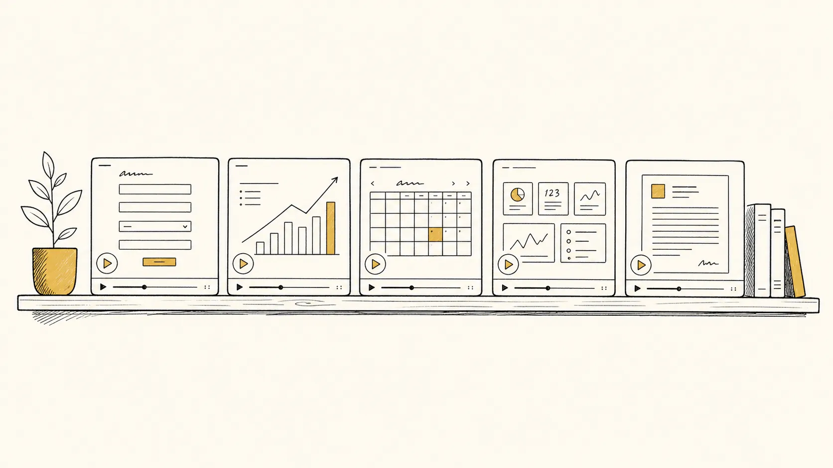 Illustration: a row of five video player thumbnails on a shelf, each showing a different abstract software interface — a form, a chart, a calendar, a dashboard, a document.