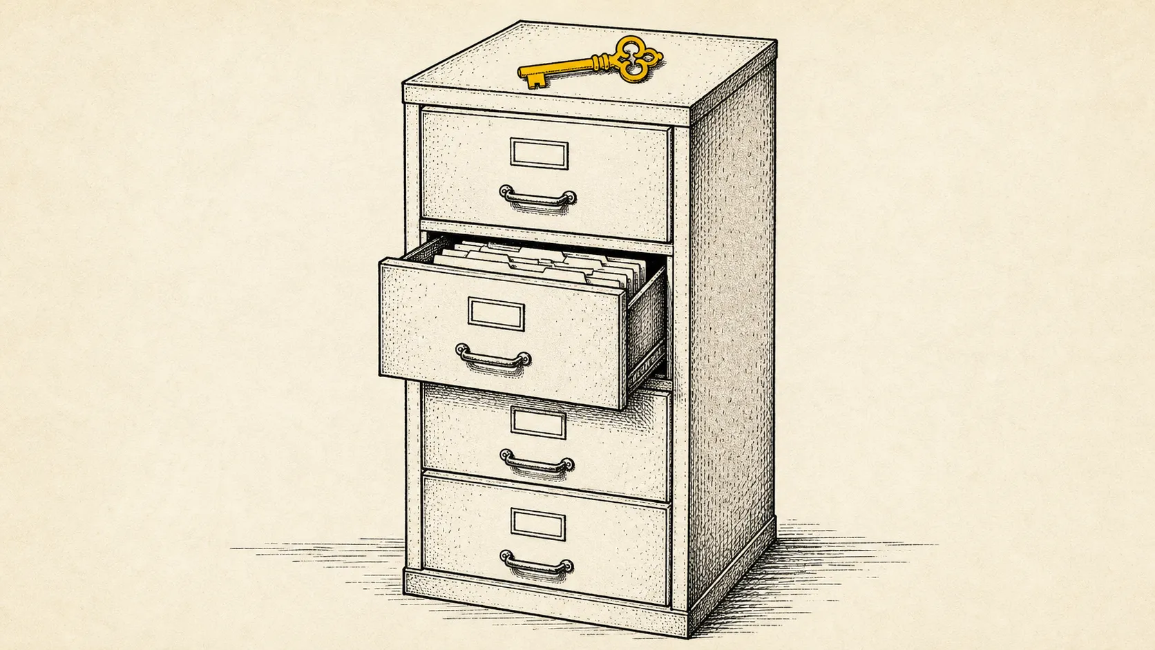 Illustration: an editorial line drawing of a steel cabinet with neatly labeled drawers; one drawer slightly open to show files inside, with an ochre key resting on top.