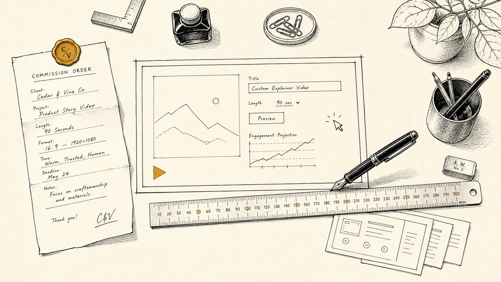 Illustration: an overhead view of a craftsperson's workbench with a video module mid-design at the centre — sketched-in UI elements inside the frame, an ochre play-button glyph in the corner, a Commission Order slip pinned to the desk with an ochre wax seal, a fountain pen mid-stroke across a steel measuring rule, and a small stack of reference screenshots tucked alongside.
