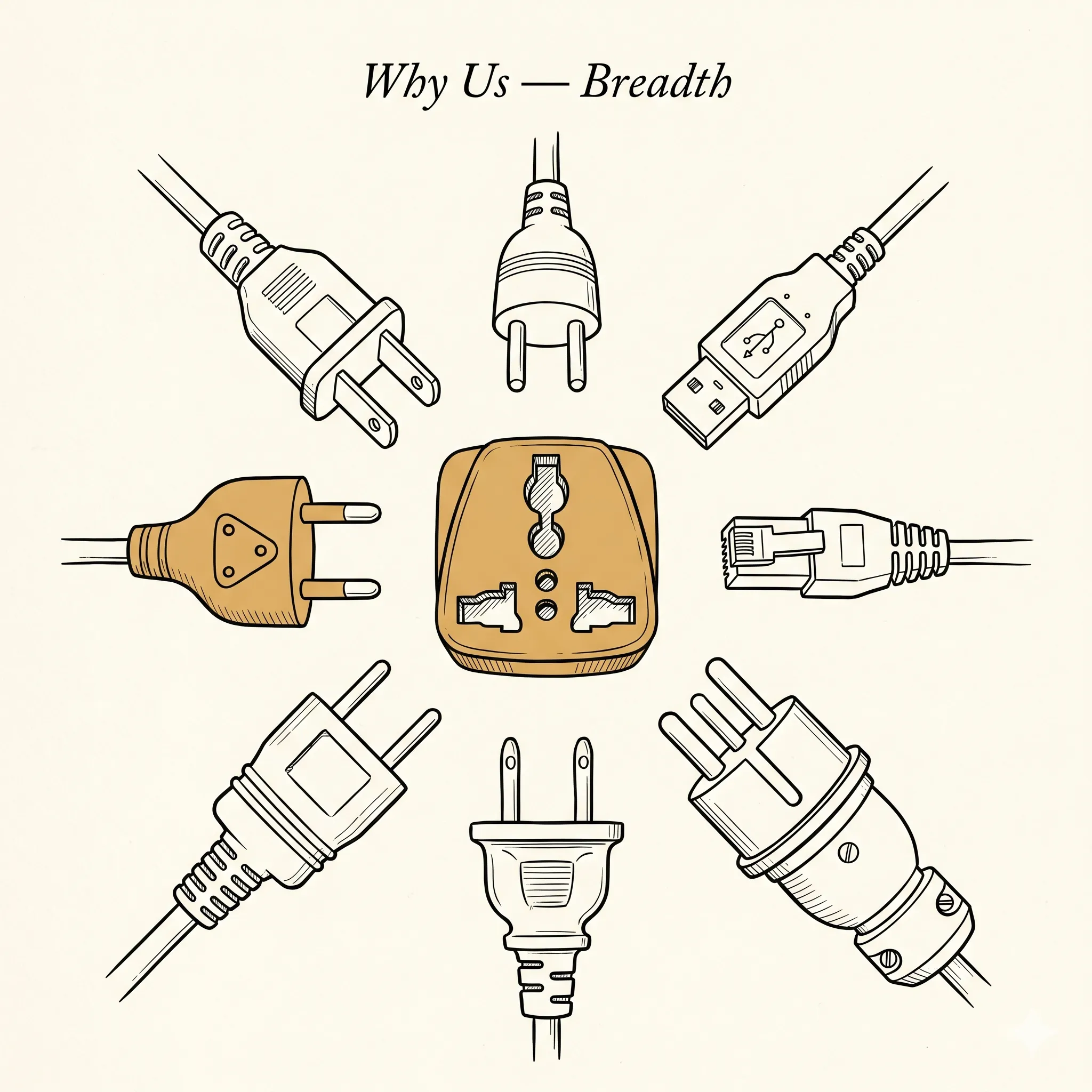 Illustration: a universal adapter at the center with many different plug types radiating around it.