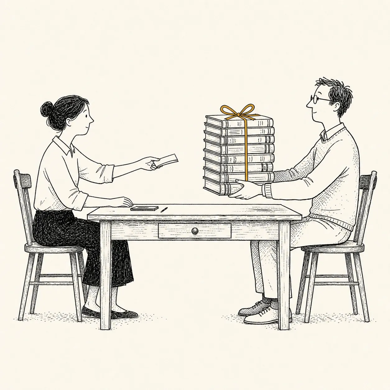 Illustration: two figures across a worktable — a small slip of paper passes one way, a tall bound stack of volumes tied with an ochre ribbon comes back.
