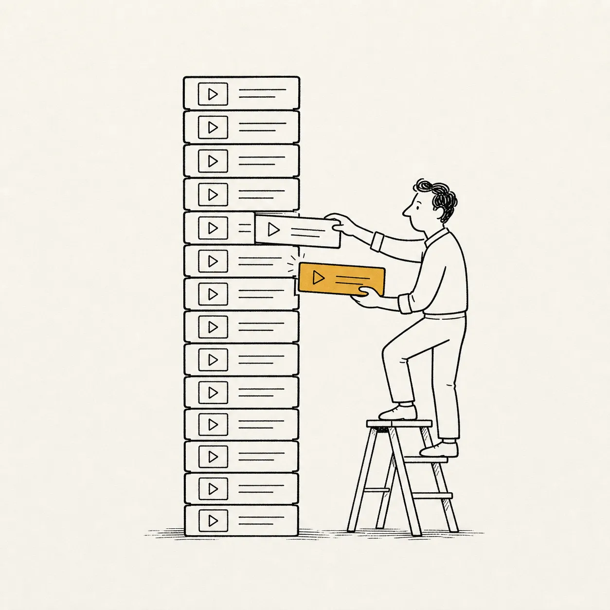 Illustration: a tall stack of video module cards with a small figure on a stepladder swapping in a fresh ochre card.