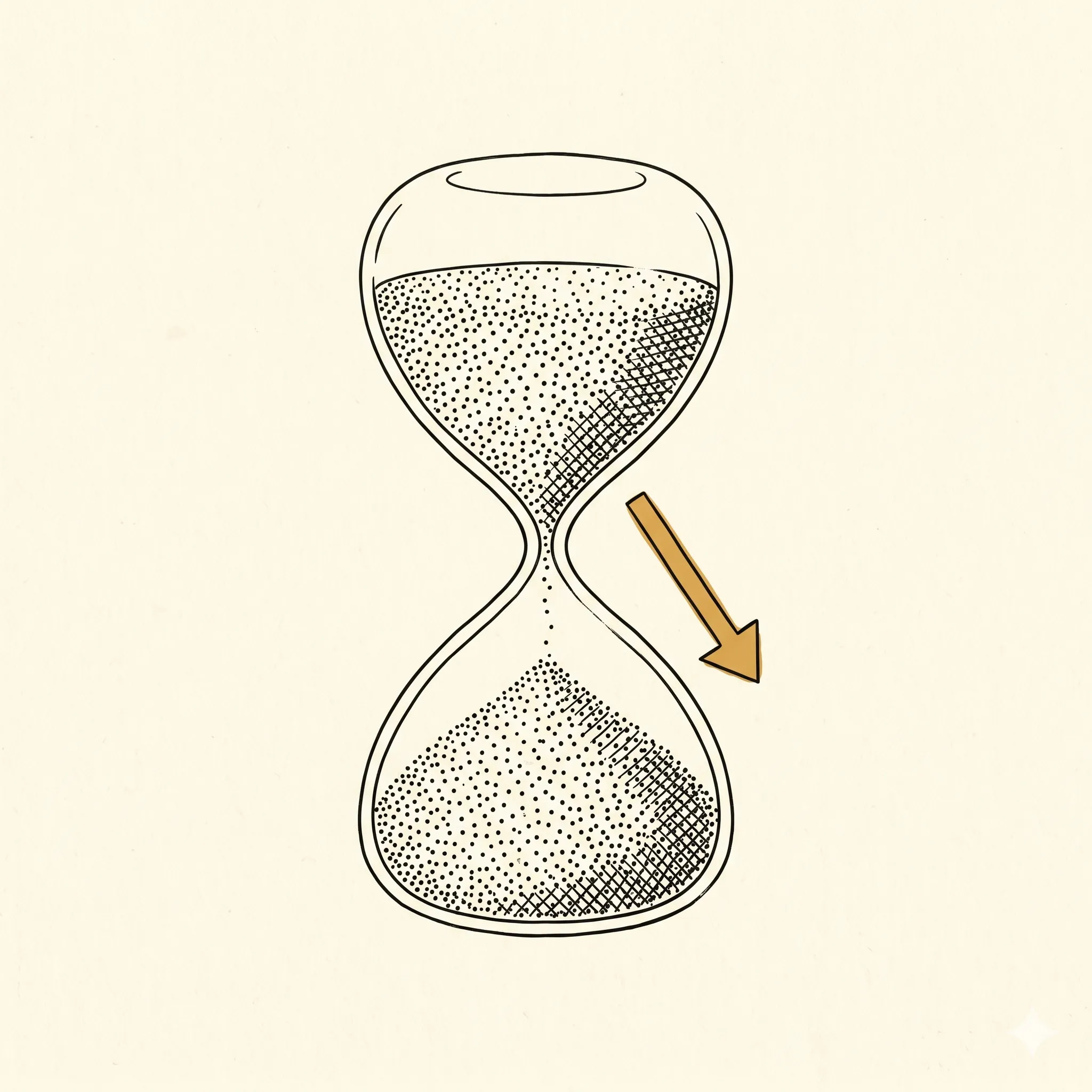 Illustration: an hourglass with sand taking a diagonal shortcut past the narrow waist, marked with an ochre arrow.