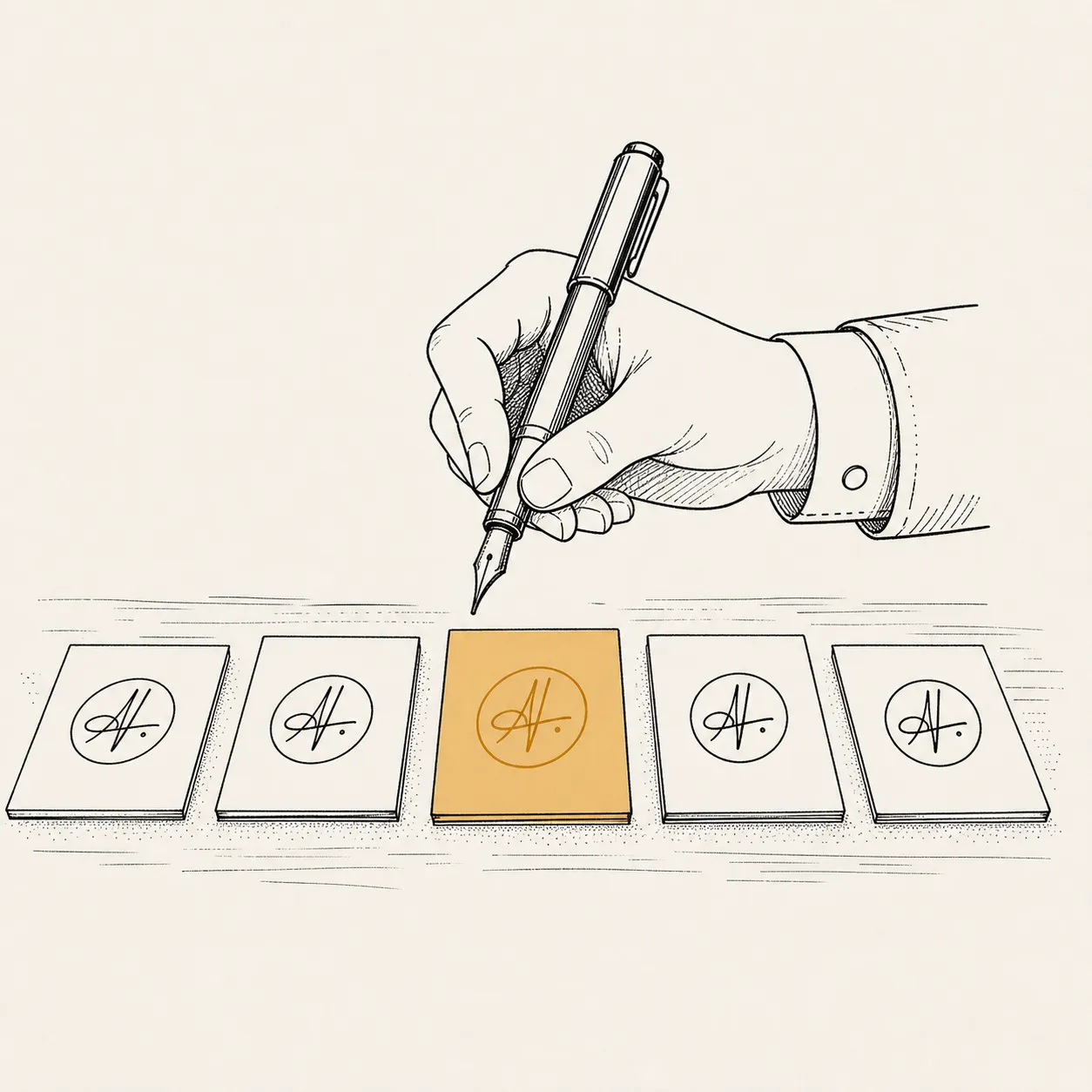Illustration: a hand with a fountain pen mid-stroke, having signed a row of cards with the same identical mark, one in ochre.