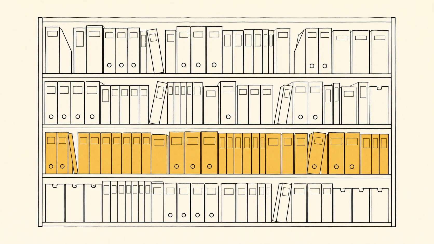 Illustration: an editorial archive shelf — labeled binders and slim cases lined up in rows, a few highlighted by an ochre band along their spines.